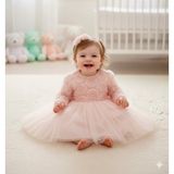 Kız Bebek Gül Desenli Fiyonk Lu Şık Özel Gün Abiye Elbise - 6 - 9 Ay - Pembe