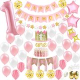 Kız Bebek İlk Doğum Günü Süslemeleri - 1. Doğum Günü Kız Dekorasyon Pembe Altın Parti Malzemeleri - Doğum Günü Afişi, 1 Numara Balon ve Taç, Balon Kemeri, Mama Sandalyesi Afişi, BİR Pasta Süsü