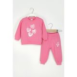 Kız Bebek Kalpli Eşofman Takım Bisiklet Yaka Sweatshirt ve Beli Lastikli Eşofman Altı - Fuşya - 12 - 18 Ay
