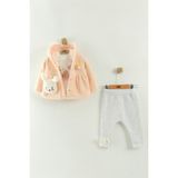 Kız Bebek Kapüşonlu, Pantolon ve Peluş Mont 3’lü Takım (6-9-12 Ay) - Pudra - 9 Ay