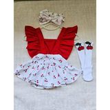 Kız Bebek Kiraz Desen Fırfırlı Kırmız Slopet Bandana Kiraz Keçeli Beyaz Çorap 3'lü Set - 9 - 12 Ay