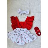 Kız Bebek Kiraz Desen Fırfırlı Kırmız Slopet Bandana Kırmızı Babet 3'lü Set - 12 - 18 Ay