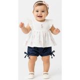 Kız Bebek Kolları Fırfırlı Deniz Atı Nakışlı Sırtı Düğme Kapamalı Bluz Şortlu Takım