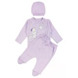 Kız Bebek Lila Yıldızlı Ayıcık Baskılı Patikli Pijama Takımı 0-3 Ay
