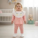 Kız Bebek Pamuklu Çiçek Nakışlı Dantelli 3’lü Takım (Hırka + Pantolon + Zıbın ) - Beyaz - 6 - 9 Ay
