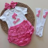 Kız Bebek Pembe Fuşya Barbie Fırfırşort Etek Bandana Çorap Takım