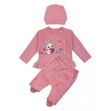 Kız Bebek Pembe Tavşan Baskılı Fırfırlı Patikli Pijama Takımı 0-3 Ay