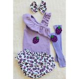 Kız Bebek Ribana Tek Kol Askılı Çıtçıtlı Body Fırfırlı Desenli Etek Ahududu Keçeli Çorap Set - 9 - 12 Ay - Lila