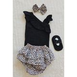 Kız Bebek Ribana Tek Kol Askılı Çıtçıtlı Siyah Body Fırfırlı Leopar Desenli Etek Babet Çorap Set - 18 - 24 Ay