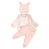 Kız Bebek Somon Çizgili Tavşan Nakışlı Pijama Takımı 0-3 Ay