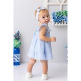 Kız Bebek Yakası ve Eteği Fırfırlı Nakışlı Vual Elbise - Açık Mavi - 4 Yaş