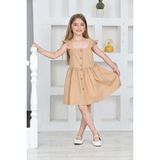 Kız Çocuk %100 Pamuk Keten Elbise 12197 - Açık Kahve - 2 - 3 Yaş