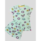 Kız Çocuk %100 Pamuklu Gökkuşağı Kedi Kalp Desenli Yeşil Kısa Kollu Şortlu Yazlık Pijama Takımı - 7 - 8 Yaş