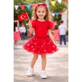 Kız Çocuk 19 Mayıs Tütü Takım – Kırmızı Kalp Detaylı Tül Etek & Fırfırlı Üst - 4 - 5 Yaş
