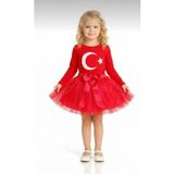 Kız Çocuk 23 Nisan 29 Ekim Gösteri Kıyafeti Kırmızı UzunKol Ayyıldız T-shirt KırmızıTütü Etek Takım