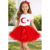 Kız Çocuk 23 Nisan Gösteri Kıyafeti Ay-Yıldız Kısa Kol Beyaz T-Shirt Ve Tütü Etek Takım