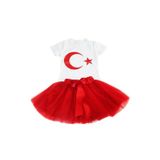 Kız Çocuk 23nisan 29ekim Gösteri Doğumgünü Kıyafeti Ayyıldız Kısa Kol Beyaz T-shırt Tütü Etek Takım