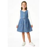 Kız Çocuk 2'Li Jean Elbise (Çift Cepli Jean Elbise+Bluz)12533