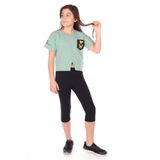 Kız Çocuk 2'li Takım Baskılı Bisiklet Yaka T-Shirt & Beli Lastikli Crop Tayt - Yırtmaç Detaylı