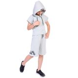 Kız Çocuk 2'li Takım Baskılı Kapüşonlu T-Shirt & Beli Lastikli Kapri Şort
