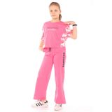 Kız Çocuk 2'li Takım Baskılı Kısa Kollu Sweatshirt & Beli Lastikli Yırtmaçlı Bol Paça Eşofman Altı - 30/1 Penye