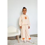 Kız Çocuk 3 Iplik Pamuklu Kumaş Kurdele Detaylı Sweatshirt ve Geniş Paça Eşofman Altı Alt Üst Takım - 3 - 4 Yaş - Bej