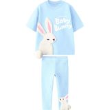 Kız Çocuk 3D Sevimli Tavşan Peluş Aplike Detaylı Pamuklu T-Shirt Fitilli Tayt Alt Üst Takım - Bebe Mavi - 7 - 8 Yaş