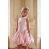 Kız Çocuk Abiye Pembe Mini Balon Etek Prenses Model Halter Yaka Monaray Kumaş Abiye Elbise 5-14 Yaş