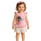 Kız Çocuk Alt-Üst Takım – Flamingo Baskılı Pembe Askılı T-Shirt ve Cepli Dantelli Şort (Pembe - Krem, 9-12 Ay)
