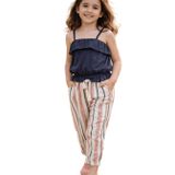 Kız Çocuk Askılı Crop Siyah T-Shirt Çizgili Pantolon İkili Takım (Siyah - Renkli Çizgili, 4-5 Yaş)