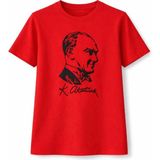 Kız Çocuk Atatürk Baskılı Tişört Kısa Kollu Bisiklet Yaka T-Shirt - Kırmızı