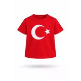 Kız Çocuk Ay Yıldız Desenli Kırmızı Tişört Okul Bayram Etkinlik 3-14 Yaş