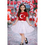 Kız Çocuk Ay Yıldız Desenli Tişört Tül Etek Takım Okul Bayram Etkinlik 5-13 Yaş