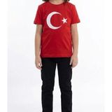 Kız Çocuk Ay Yıldız Türk Bayraklı Kısa Kollu Tişört Kırmızı