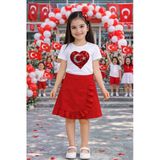 Kız Çocuk Beyaz Body Kırmızı Kalpli Ay Yıldız Simgeli – Okul Etkinlik Tişörtü 3-14 Yaş