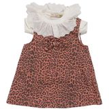 Kız Çocuk Beyaz Kiremit Leopar Desenli Tek Fiyonklu Kot Elbise