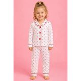 Kız Çocuk Beyaz Kırmızı Kalp Desenli Önden Düğmeli Pijama Takımı