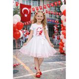 Kız Çocuk Beyaz Kırmızı Takım Desenli Tişört Puantiyeli Tül Etek 5-13 Yaş Okul Bayram Etkinlik