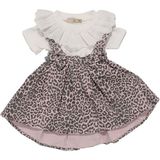 Kız Çocuk Beyaz Pembe Leopar Desenli Fiyonklu Kot Salopet Jile Elbise - 1015741 - 3 Yaş - Çok Renkli