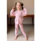 Kız Çocuk Bilekleri Manşetli Kelebek Desenli Pembe Pijama Takımı