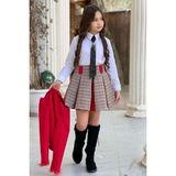 Kız Çocuk Blazer Ceket, Kravat Çizgili Kırmızı Etekli Takım - 6 - 7 Yaş