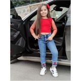 Kız Çocuk Bluz / Paça Nakış Kot Pantolon / Toka 3'lü Takım - Kırmızı - 9 - 10 Yaş