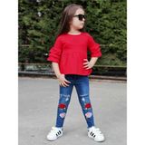 Kız Çocuk Bluz ve Çiçek Nakışlı Kot Pantolon 2 Parça Takım - Kırmızı - Mavi - 4 - 5 Yaş