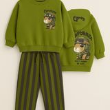 Kız Çocuk Capybara Desen Yeşil Renk Sweatshirt Çizgili Jogger Alt Üst Takım - Açık Yeşil - Siyah - 5 - 6 Yaş