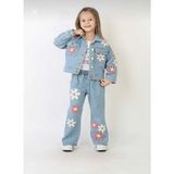 Kız Çocuk Çiçek Desenli Nakışlı Mavi Kot Pantolon ve Kot Ceket Takım-Bayramlık - 4-5 Y - 13M-Mavi