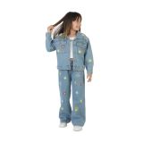 Kız Çocuk Çiçek Nakışlı Kot Takım –%100 Pamuk Denim Ceket ve Pantolon – Günlük Rahat Jean Kombin (Standart, Mavi, 7-8 yaş)