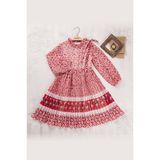 Kız Çocuk Çiçek Piliseli Baskılı Elbise BGL-ST04444 KIRMIZI 5 YAŞ