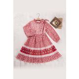 Kız Çocuk Çiçek Piliseli Baskılı Elbise BGL-ST04444 KIRMIZI 6 YAŞ