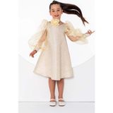 Kız Çocuk Çiçekli Boyunluk Hediyeli Şeffaf Karpuz Kollu Üzeri Simli Gold Elbise - 9 - 10 Yaş