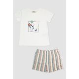 Kız Çocuk Çizgi Desenli Ekru Pijama Takımı 11 Yaş (146 cm)